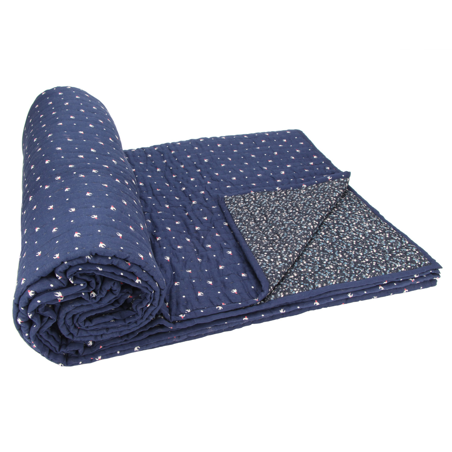 Craftofpinkcity Indigo Blue Kantha Quilt With cotton Sheet Queen made with Organic Cotton Soft and Lightweight; Breathable machine Stiches and Eco Friendly Bedspread Little Flower #05