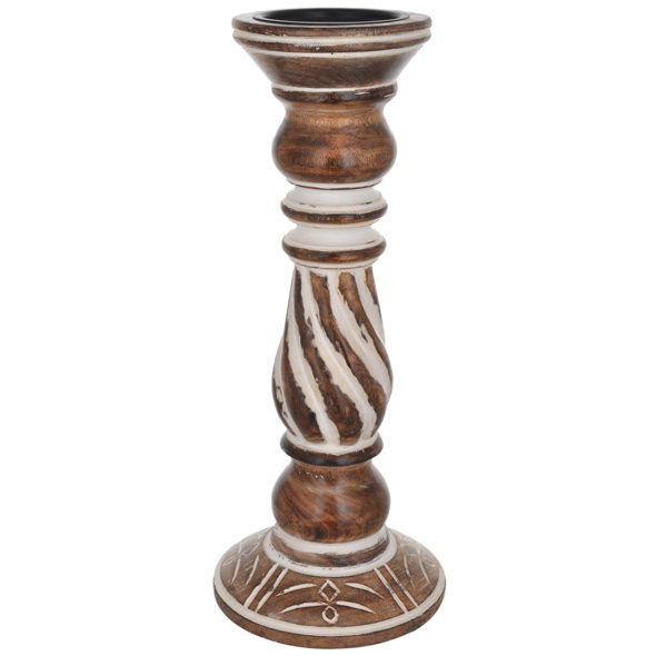 Brown White Rustic Wooden Indian Hand Carved Pillar Church Candle Stick Holder 