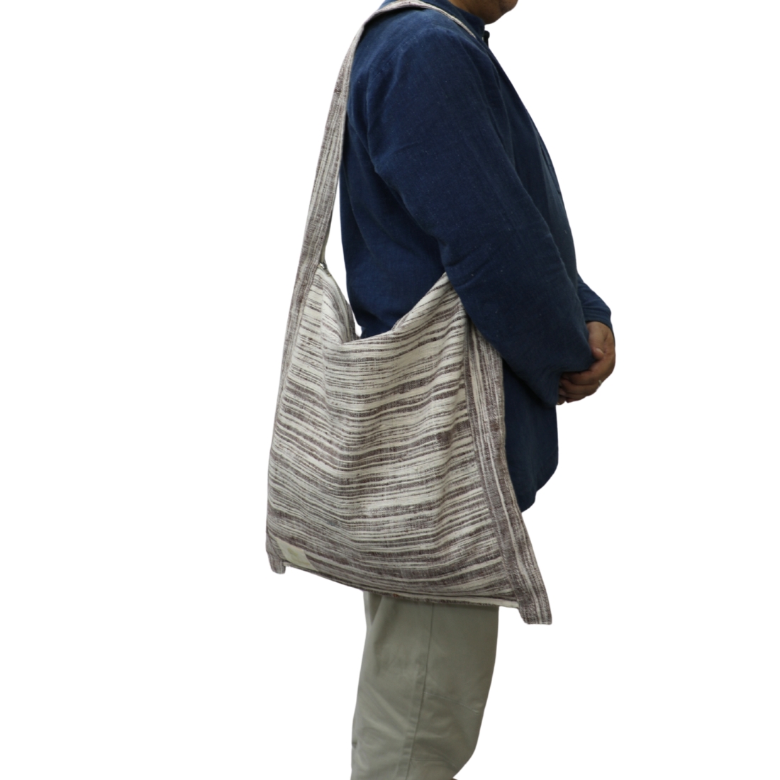 Cotton Jhola bag in Chocolate Brown Stripes - Image 3
